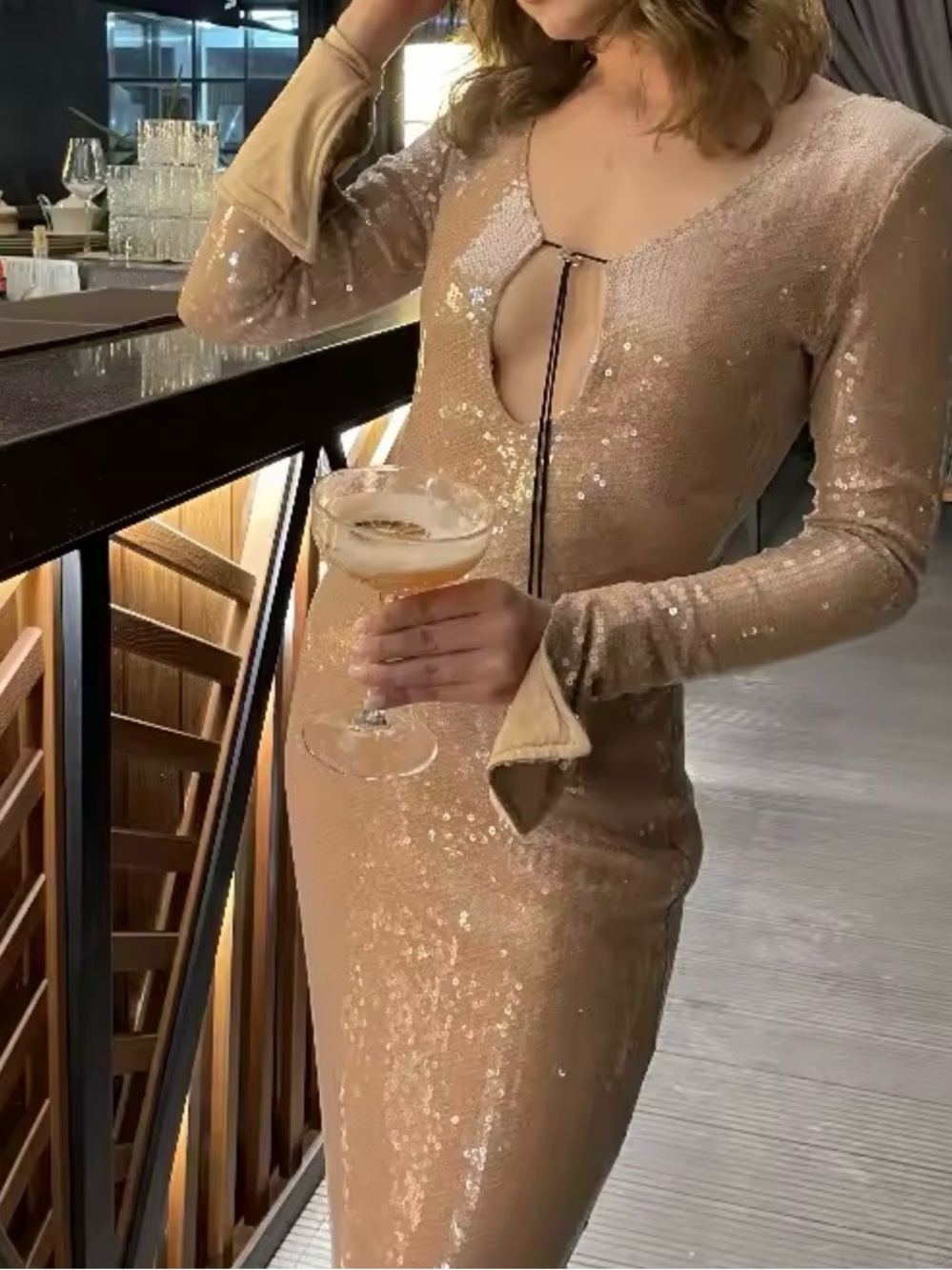 Sequin Long Sleeve Keyhole Midi Dress in Champagne